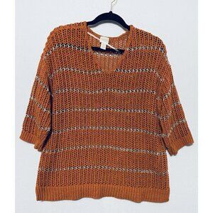 Chicos 2 Womens L/12 Orange Crochet Knit Sweater Gold Metallic 3/4 Sleeves Boho